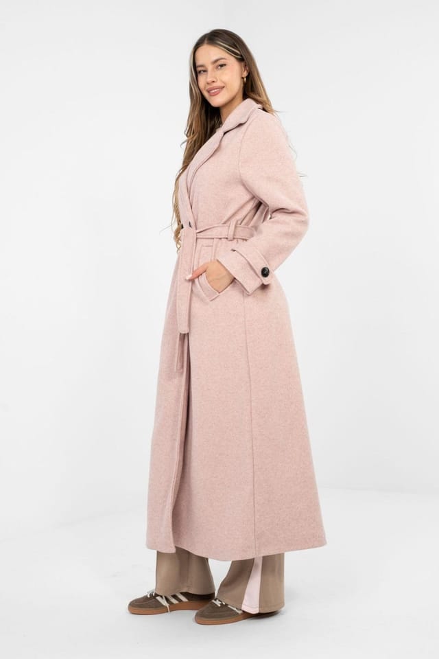 Love Lace Love Lace Women's Long Double Breasted Tie Belt Trench Coat in Pink - 2