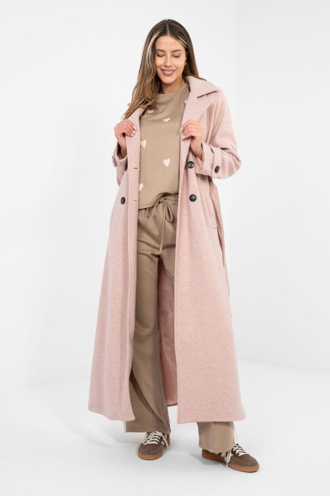 Love Lace Love Lace Women's Long Double Breasted Tie Belt Trench Coat in Pink - 4