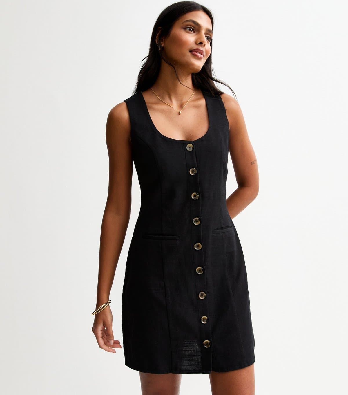 New Look Women's Black Cotton Button Through Mini Dress New Look