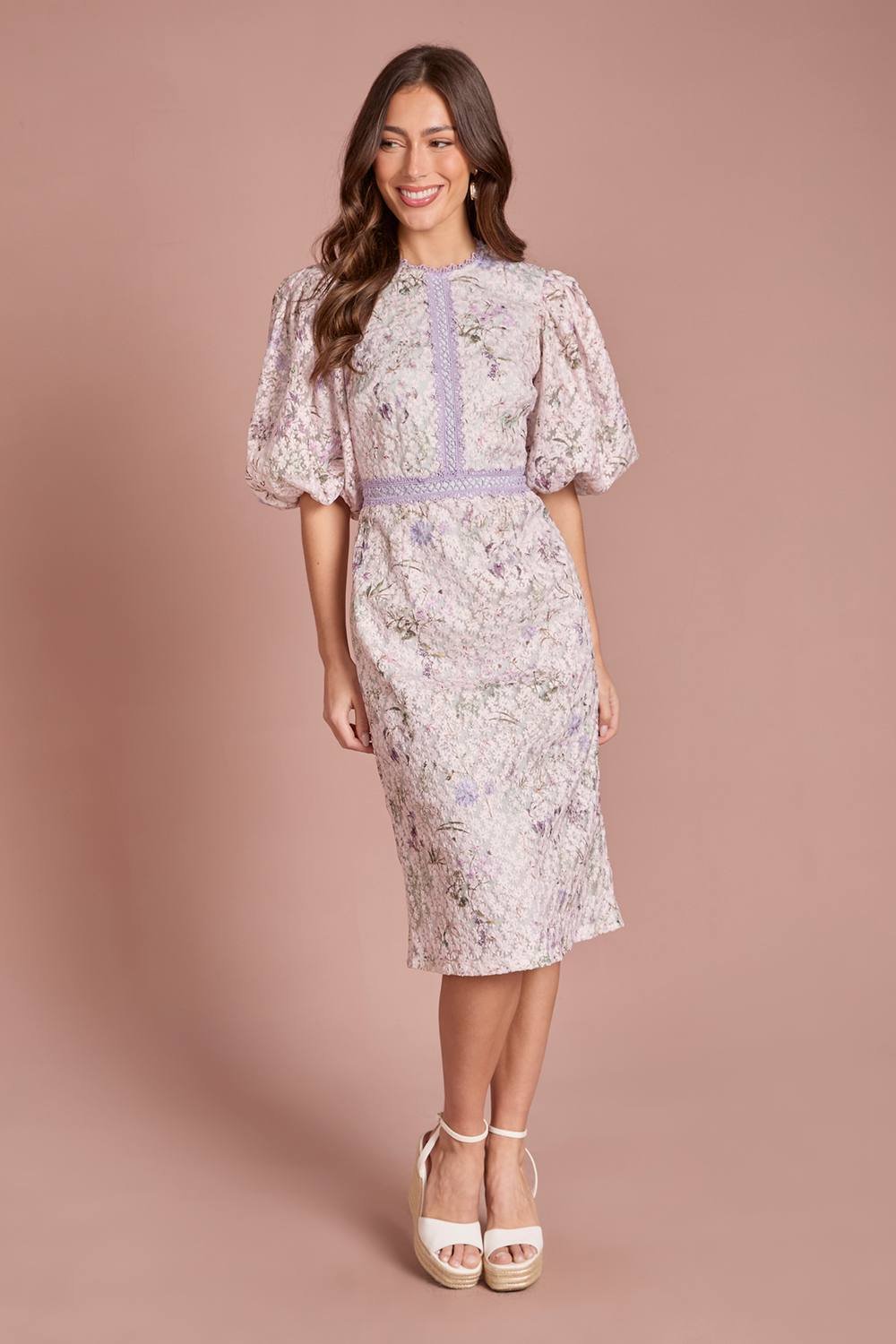 Coast Coast Women's Printed Lace Puff Sleeve Pencil Dress in Lilac - 2