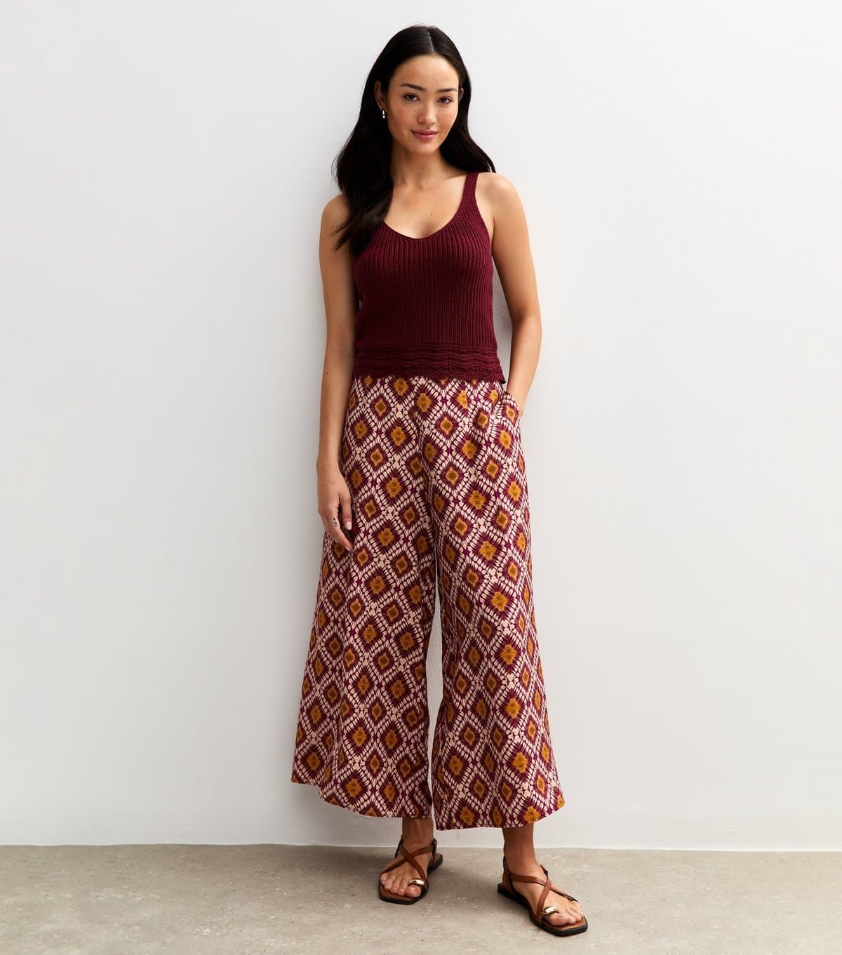 New Look Women's Orange Tie Dye Diamond Print Wide Leg Cropped Trousers New Look