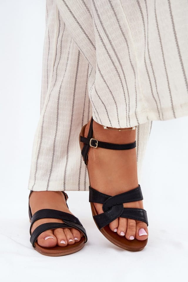 Love Lace Love Lace Women's Classic Buckle Strap Sandals with Adjustable Fit Flat Sole in Black - 3