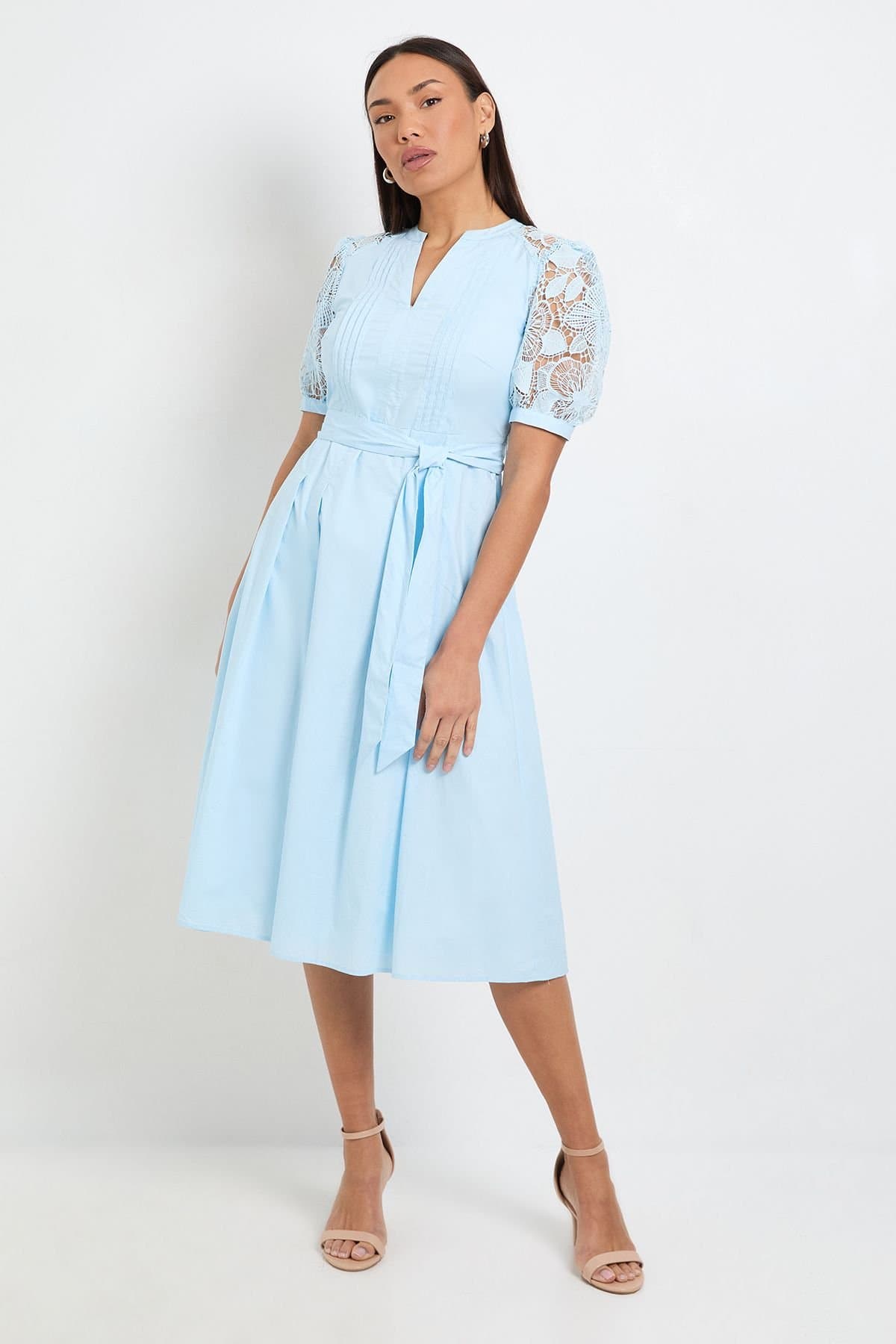 Wallis Wallis Women's Petite Cotton Lace Belted Midi Dress in Blue