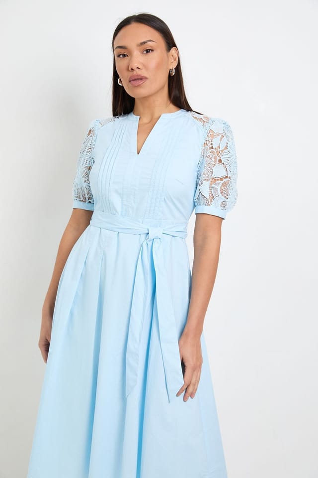 Wallis Wallis Women's Petite Cotton Lace Belted Midi Dress in Blue - 2