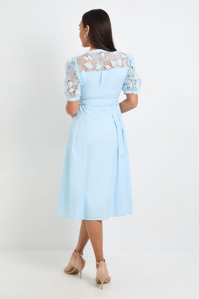 Wallis Wallis Women's Petite Cotton Lace Belted Midi Dress in Blue - 3