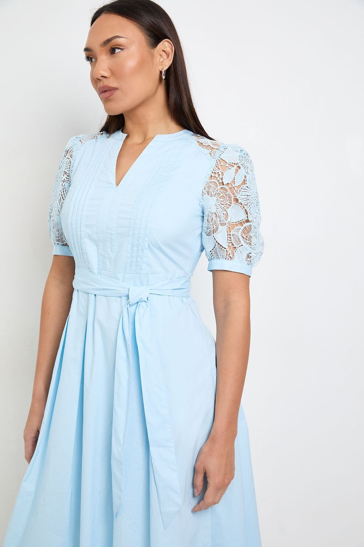 Wallis Wallis Women's Petite Cotton Lace Belted Midi Dress in Blue - 4