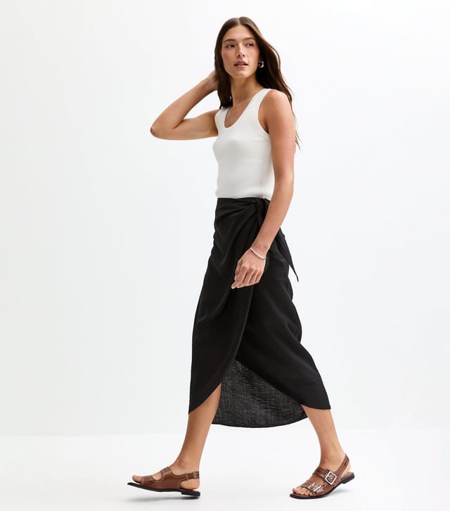 New Look Women's Black Crinkled Sarong Midi Skirt New Look - 3