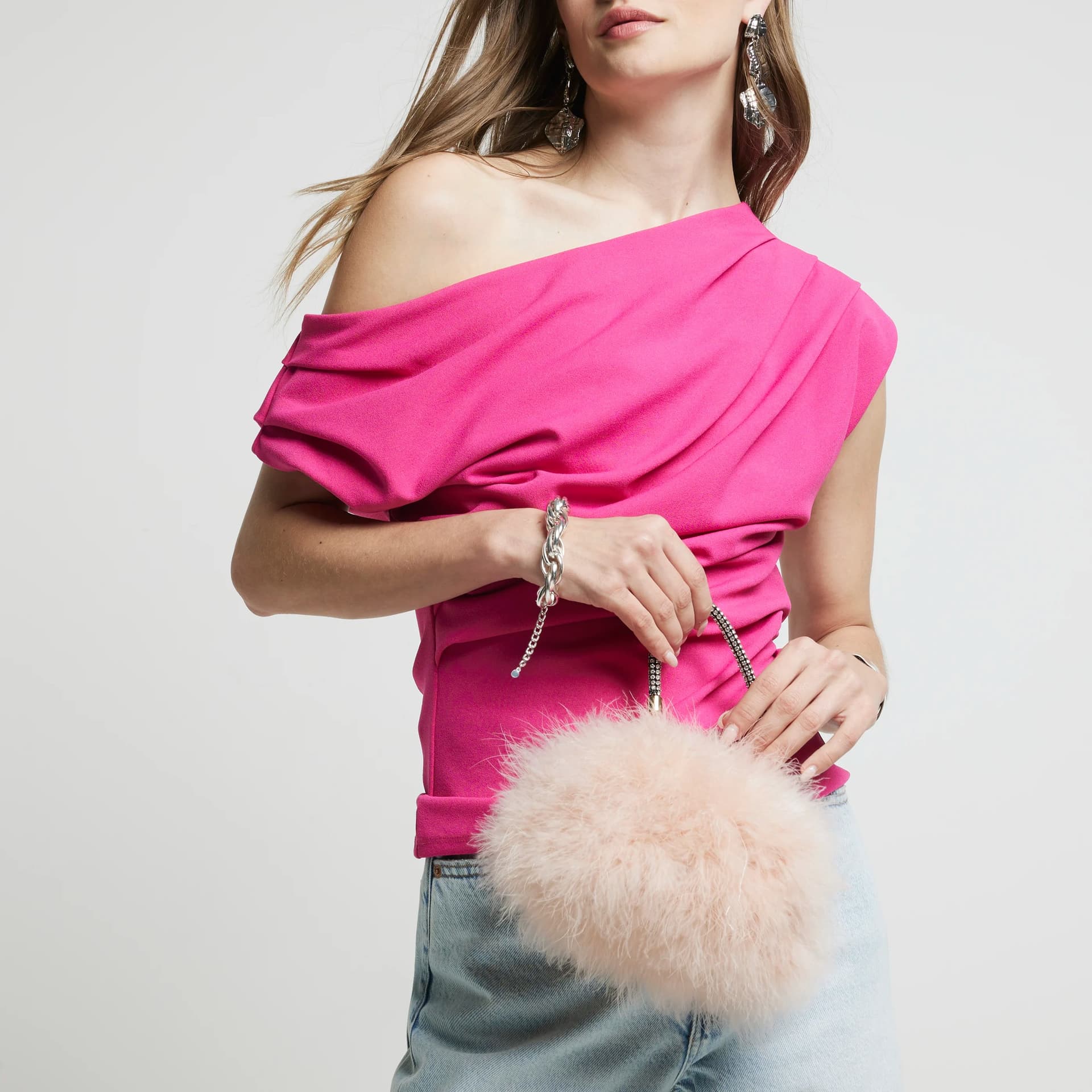 River Island River Island Womens Pink Feather Clip Top Cross Body Bag