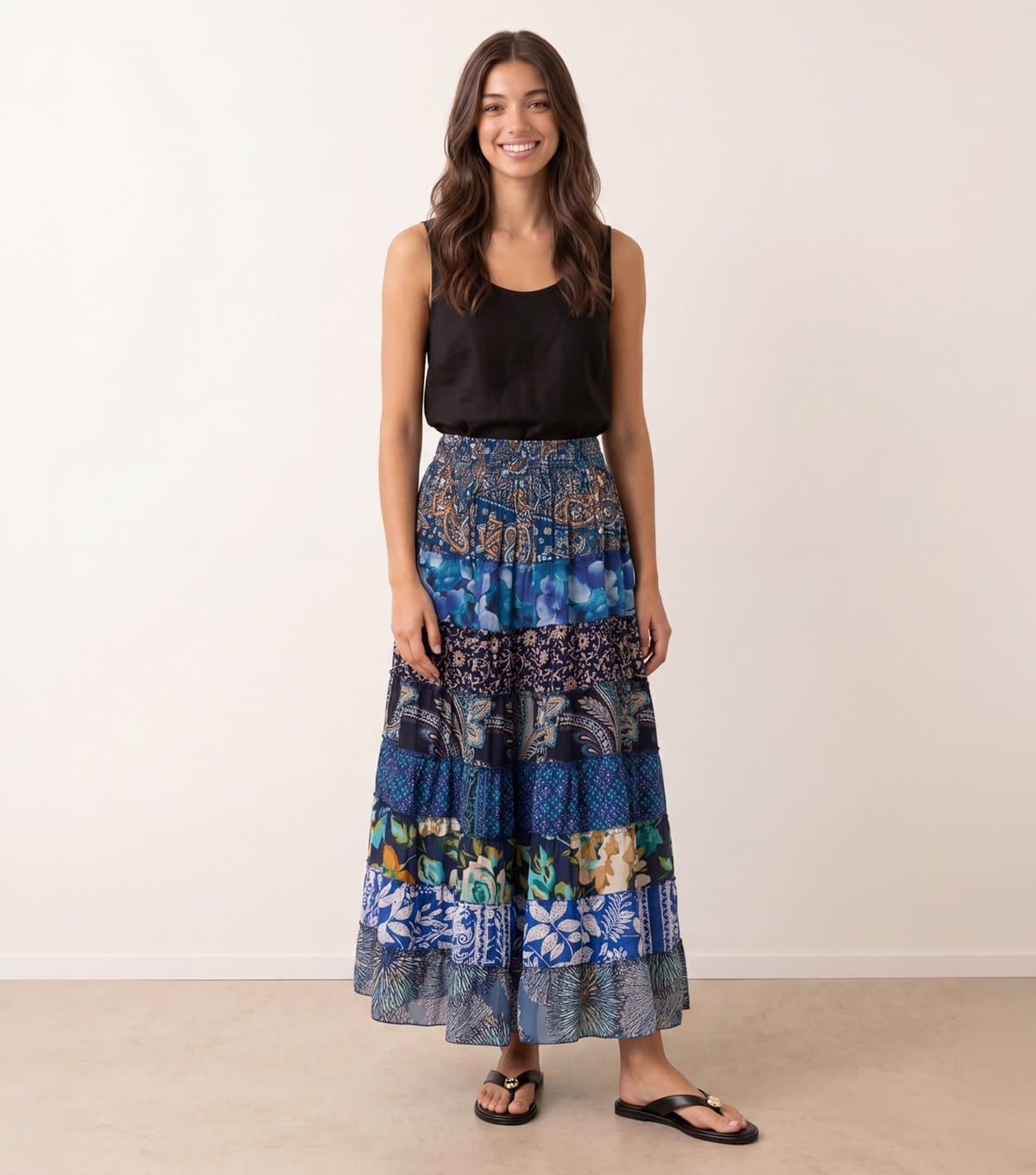 Blue Vanilla Women's Blue Floral Paisley Tiered Midi Skirt Blue Vanilla New Look