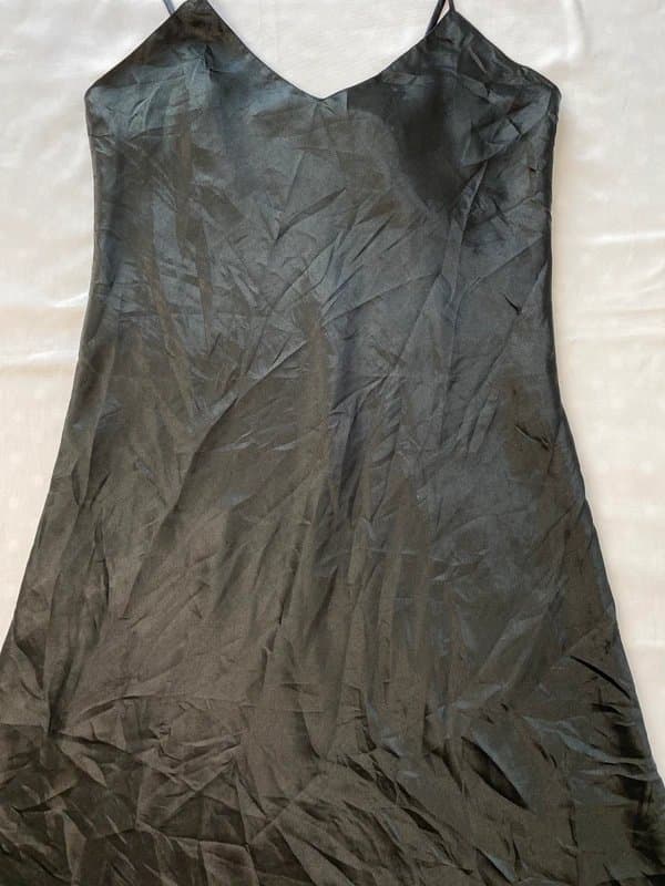 Sabrina Vintage 90s Black Satin Slip Dress Midi Bias Cut Minimalist Spaghetti Strap UK 8 10
