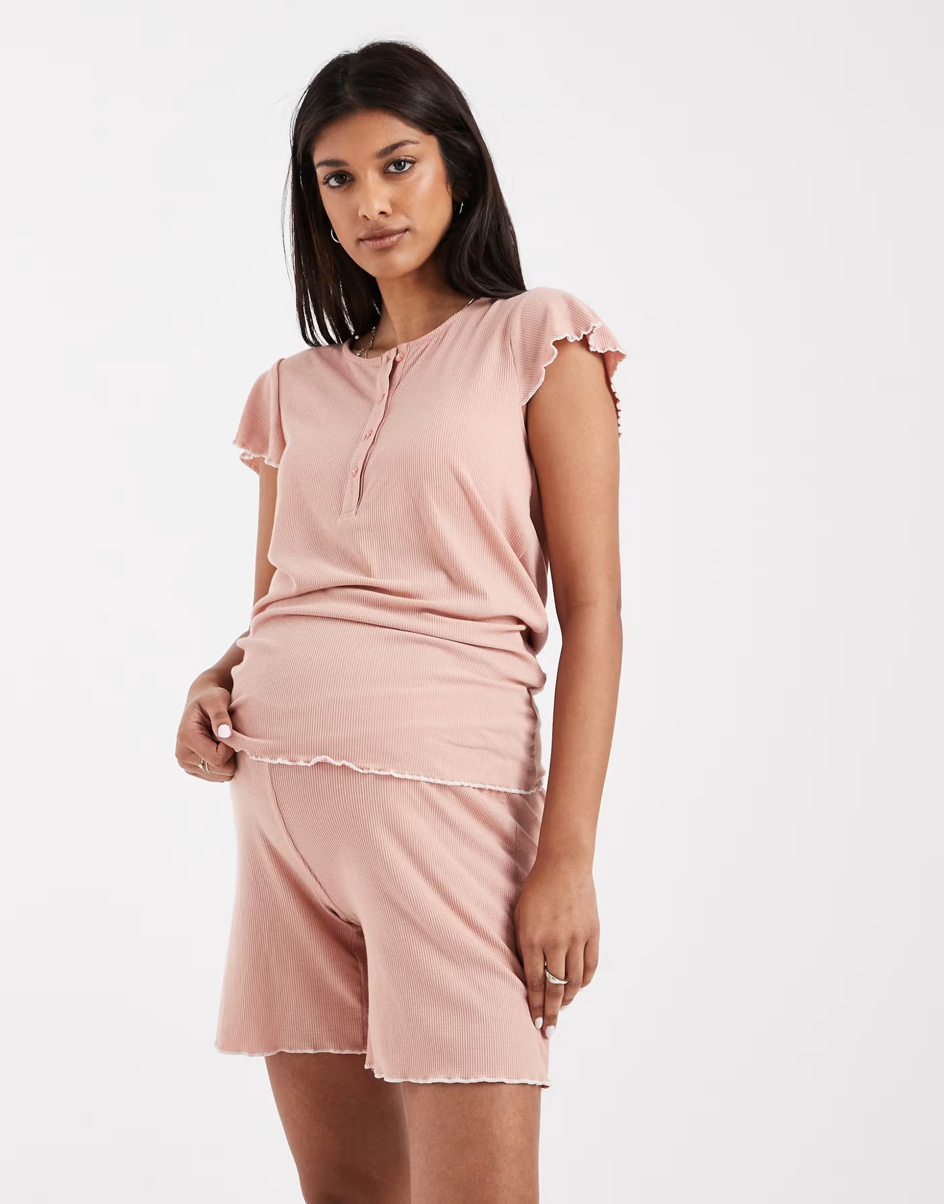 ASOS Mamalicious Maternity 2 function nursing top and shorts pyjama set with lettuce edge in beige