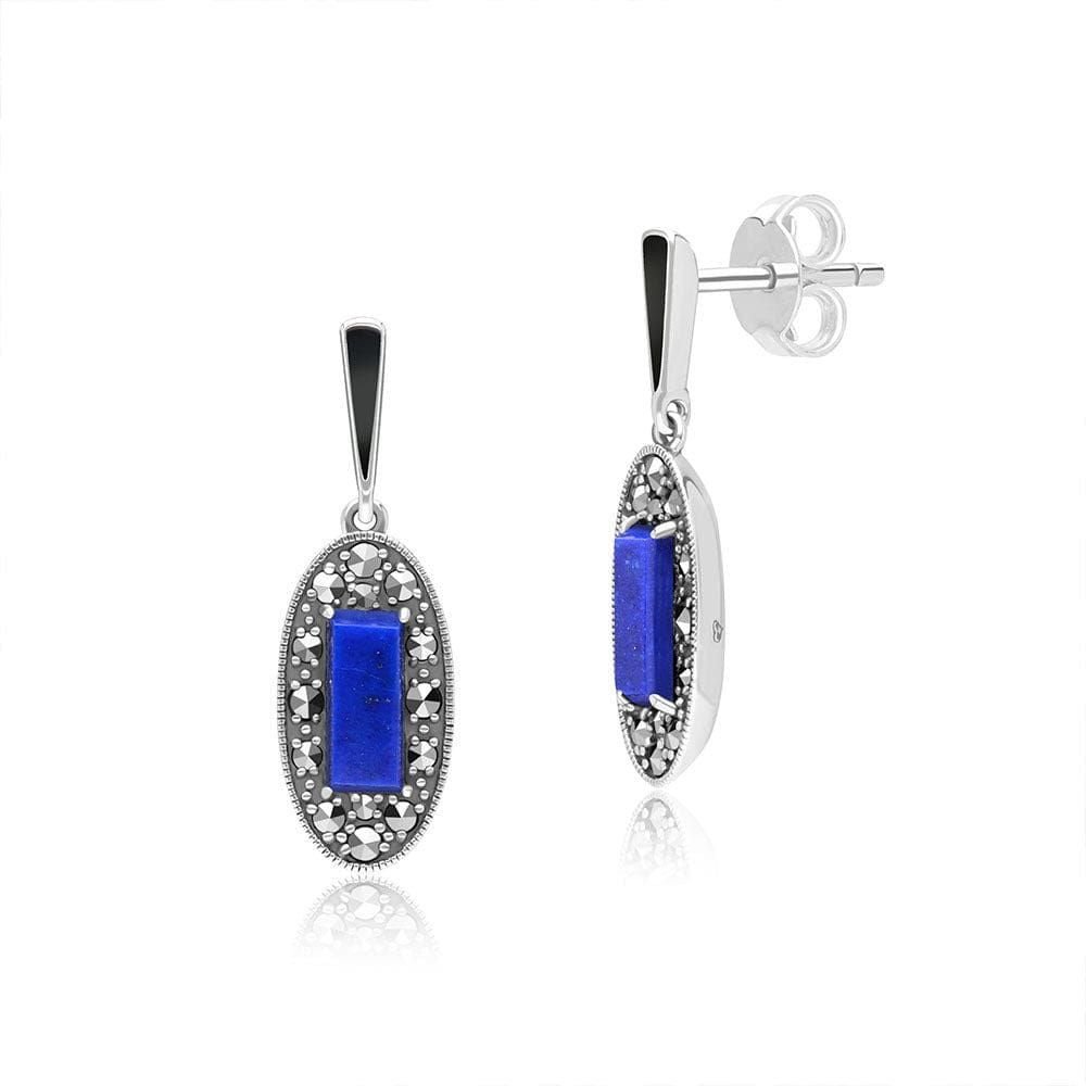 Gemondo Gemondo Women's Art Deco Style Oval Lapis Lazuli, Marcasite & Black Enamel Drop Earrings in Sterling Silver - 1