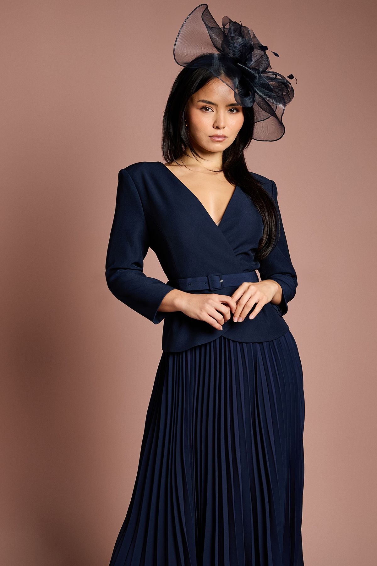 Coast Coast Women's Petite Crepe Bodice Long Sleeve Pleated Midi Dress in Navy - 4