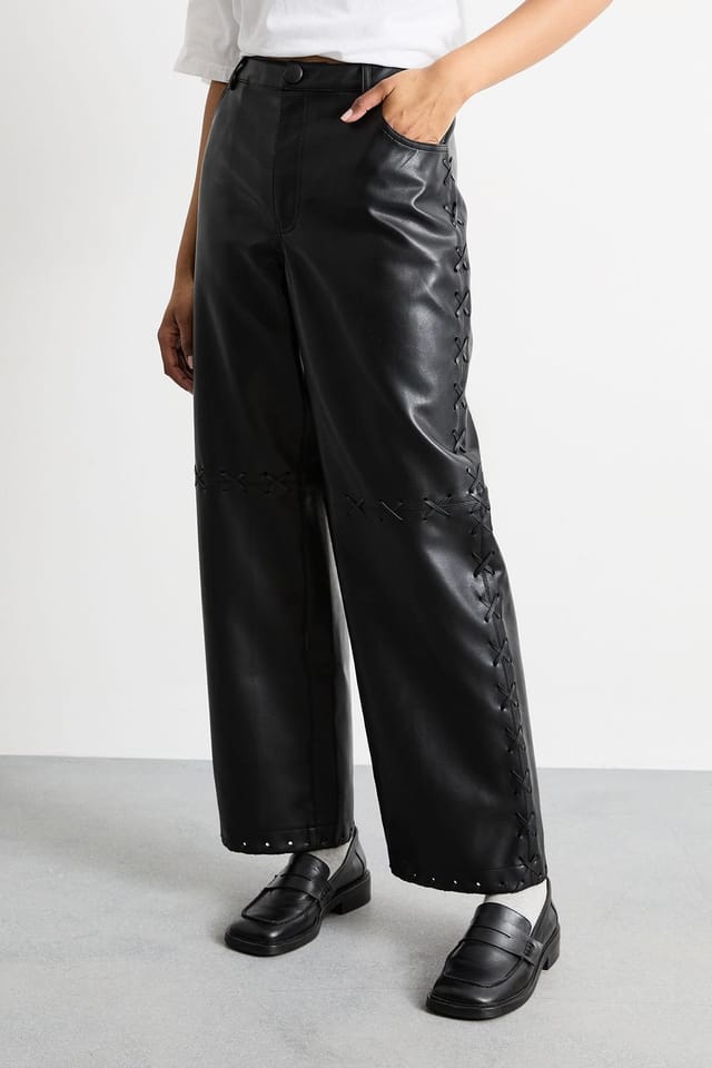 Warehouse Warehouse Women's Faux Leather Whipstitch Detail Straight Leg Trouser in Black - 2