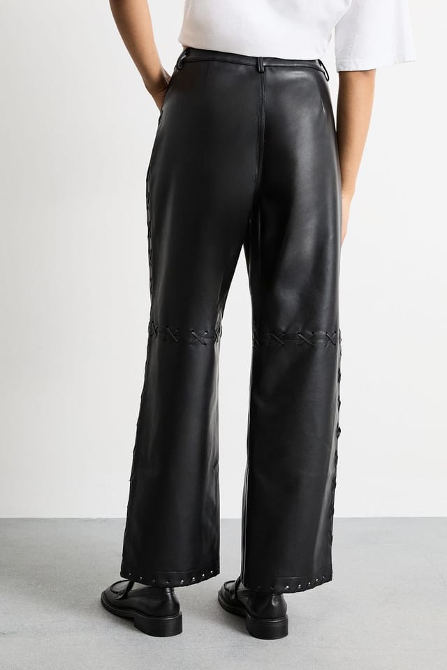 Warehouse Warehouse Women's Faux Leather Whipstitch Detail Straight Leg Trouser in Black - 3