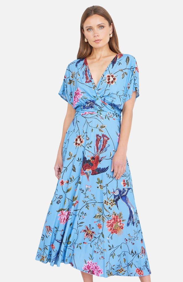 Yumi Yumi Women's Viscose Bird & Floral Print Midi Dress With Ruched Waist in Bright Blue - 2