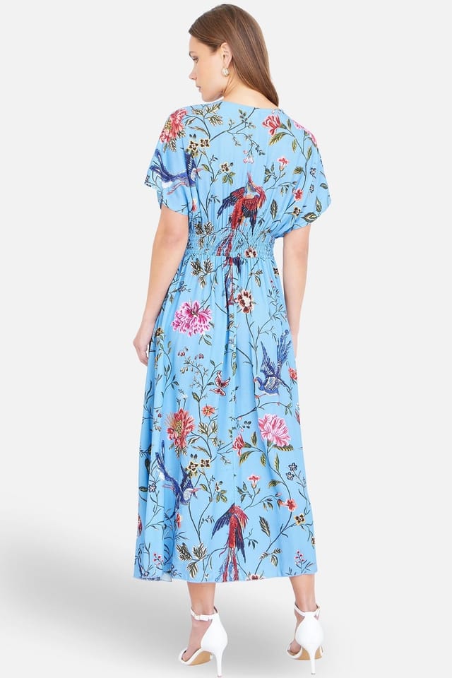 Yumi Yumi Women's Viscose Bird & Floral Print Midi Dress With Ruched Waist in Bright Blue - 3