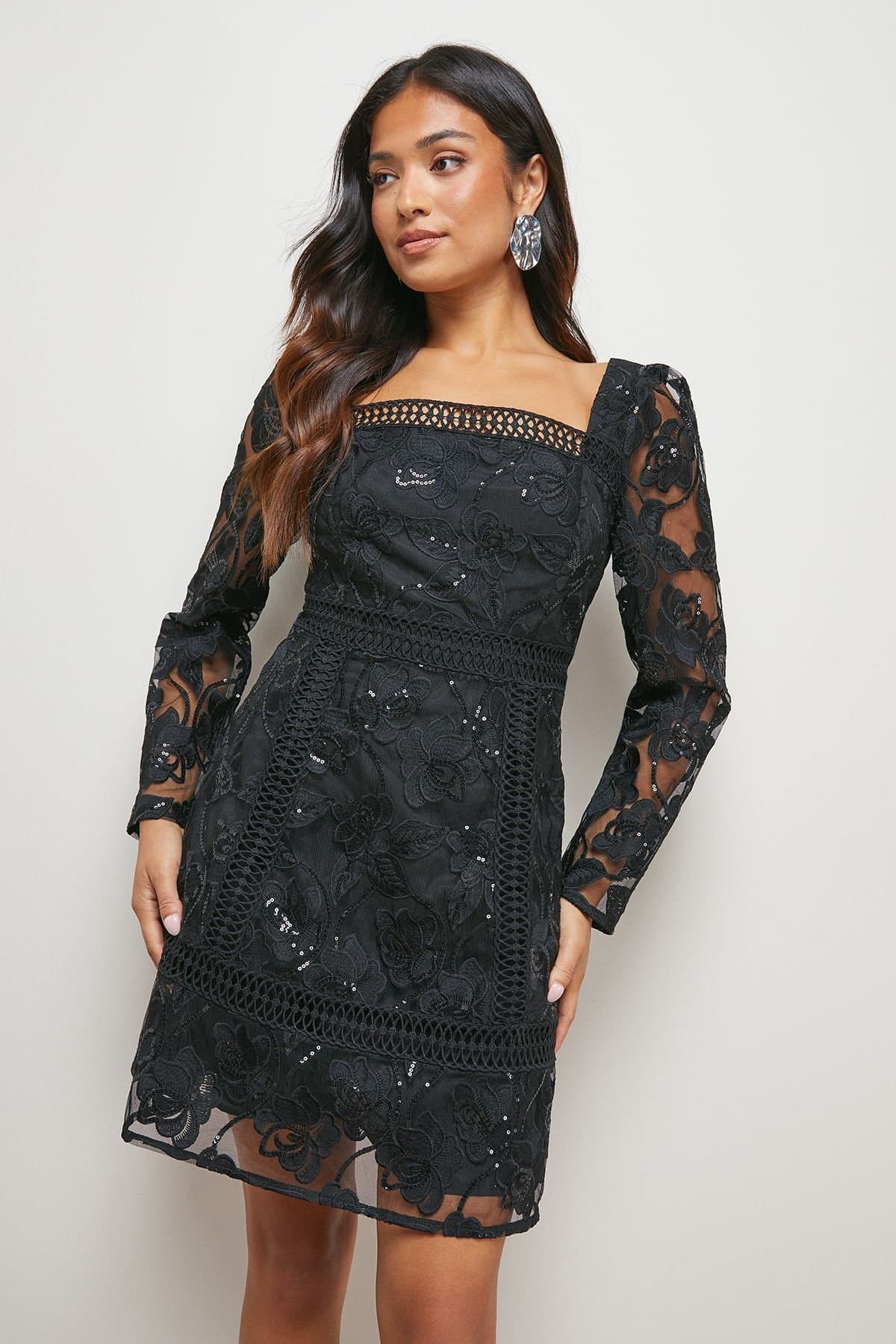 Oasis Oasis Women's Petite Lace Trim Detail Mini Dress in Black