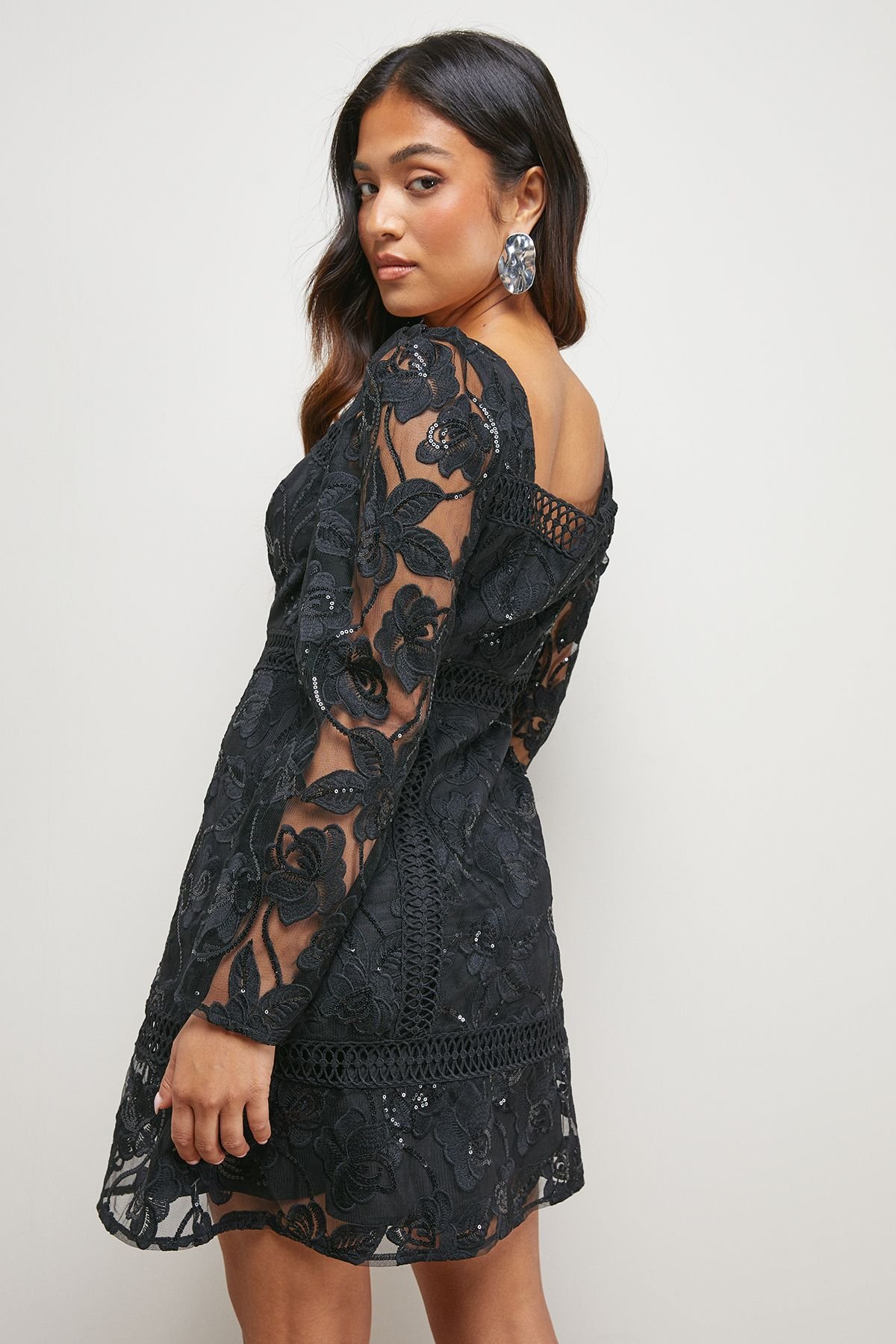 Oasis Oasis Women's Petite Lace Trim Detail Mini Dress in Black - 3