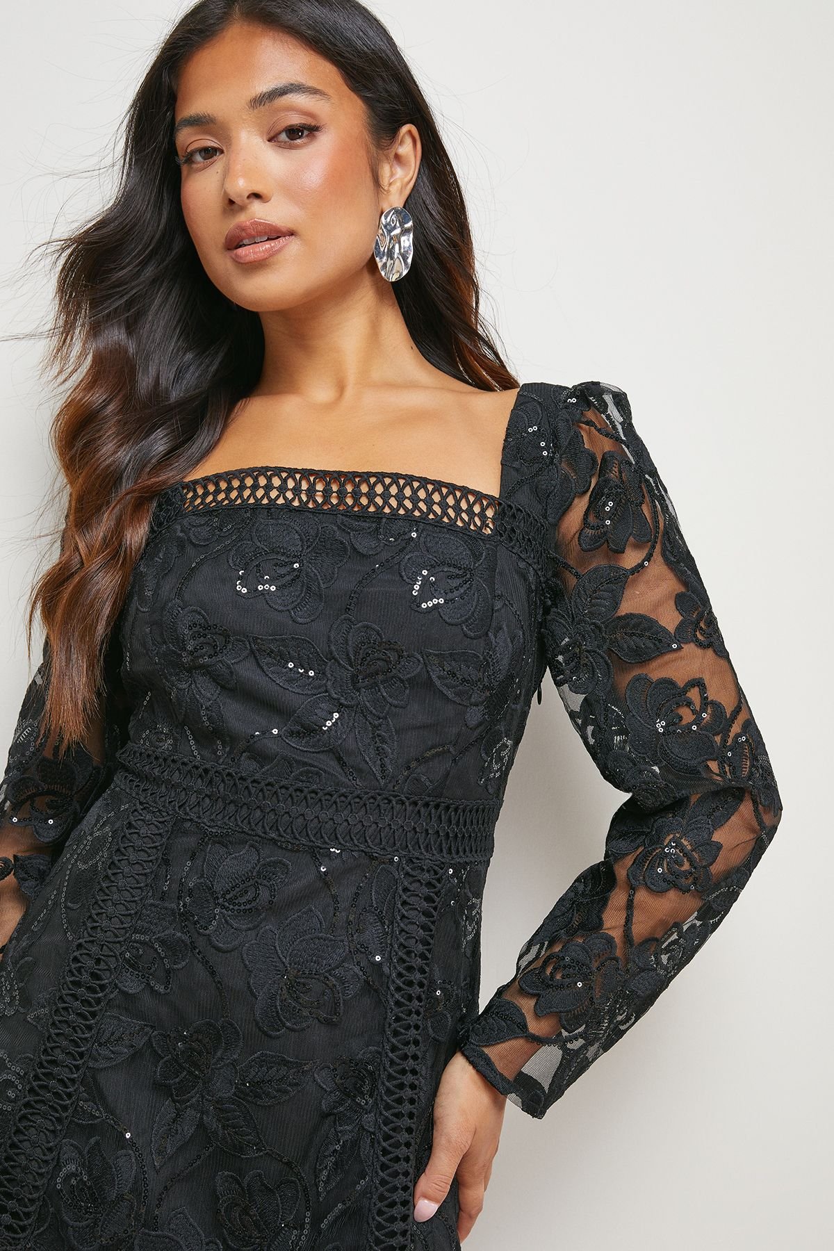 Oasis Oasis Women's Petite Lace Trim Detail Mini Dress in Black - 4