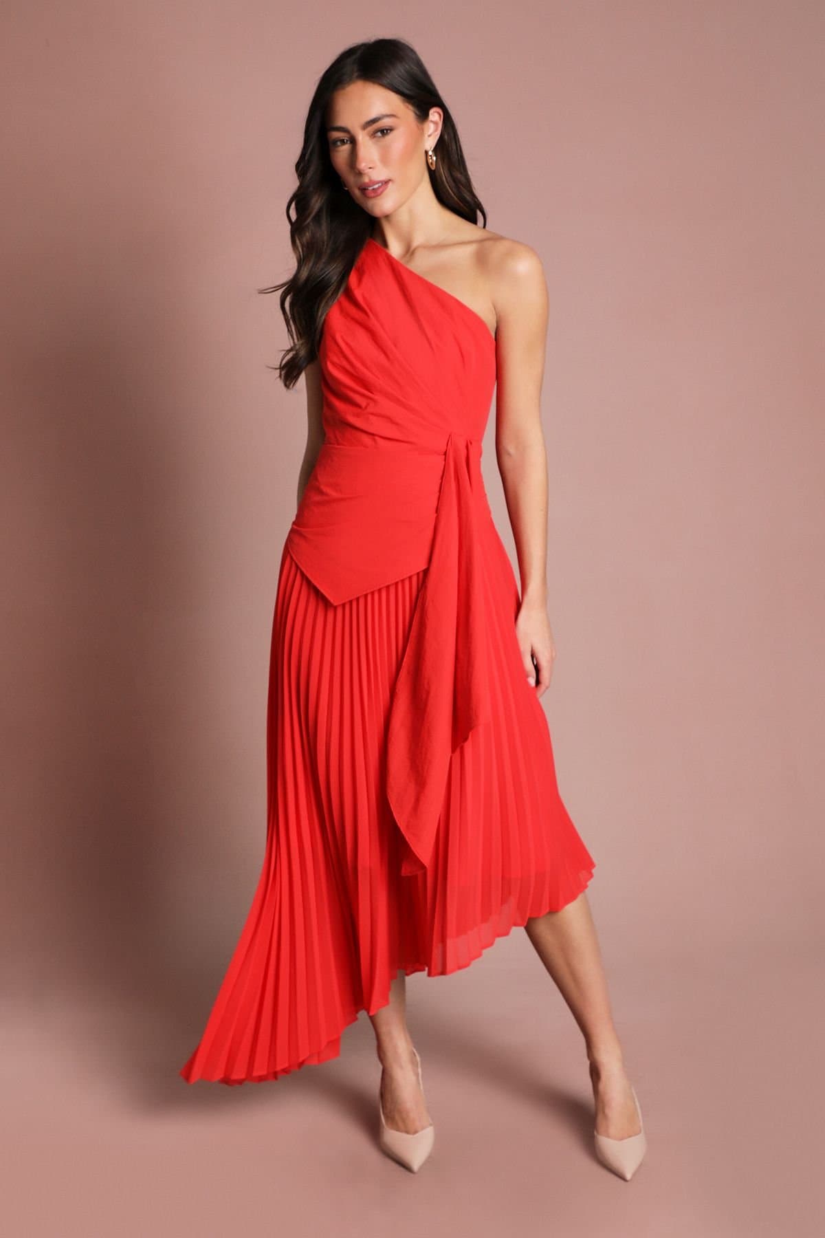 Coast Coast Women's Pleat Drape Detail One Shoulder Midi Dress in Red