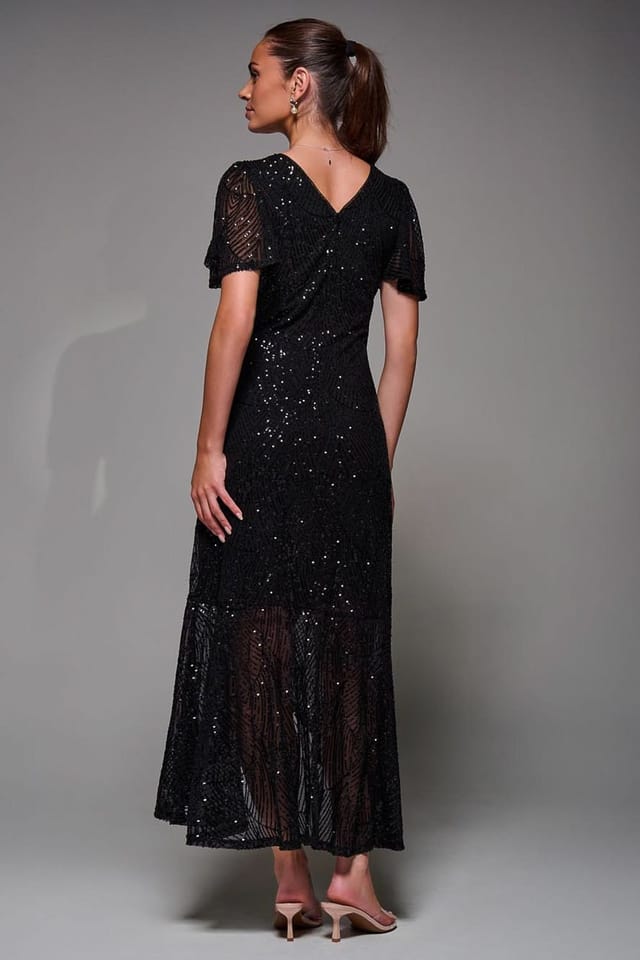 Jolie Moi Jolie Moi Women's Sequin Angel Sleeve Ruffle Hem Maxi Dress in Black - 2