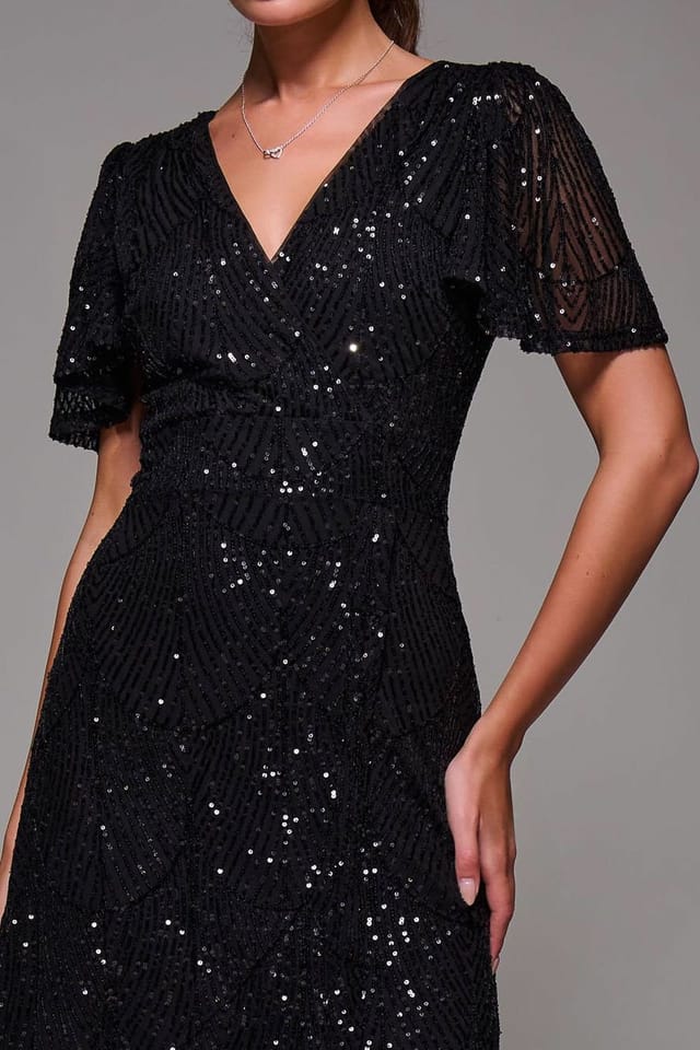 Jolie Moi Jolie Moi Women's Sequin Angel Sleeve Ruffle Hem Maxi Dress in Black - 3