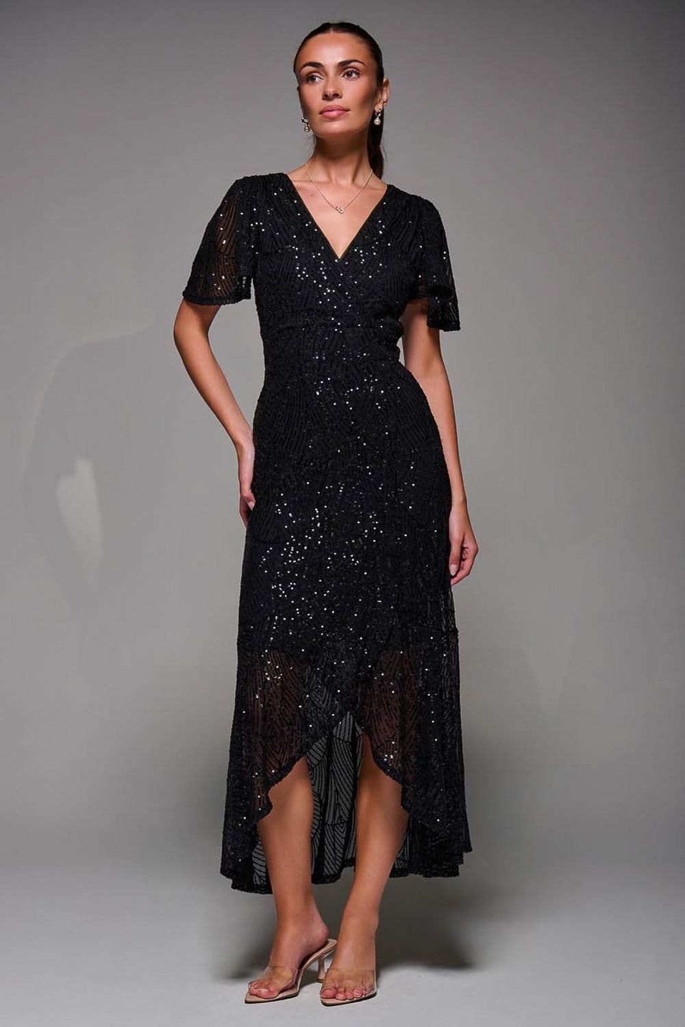 Jolie Moi Jolie Moi Women's Sequin Angel Sleeve Ruffle Hem Maxi Dress in Black - 4
