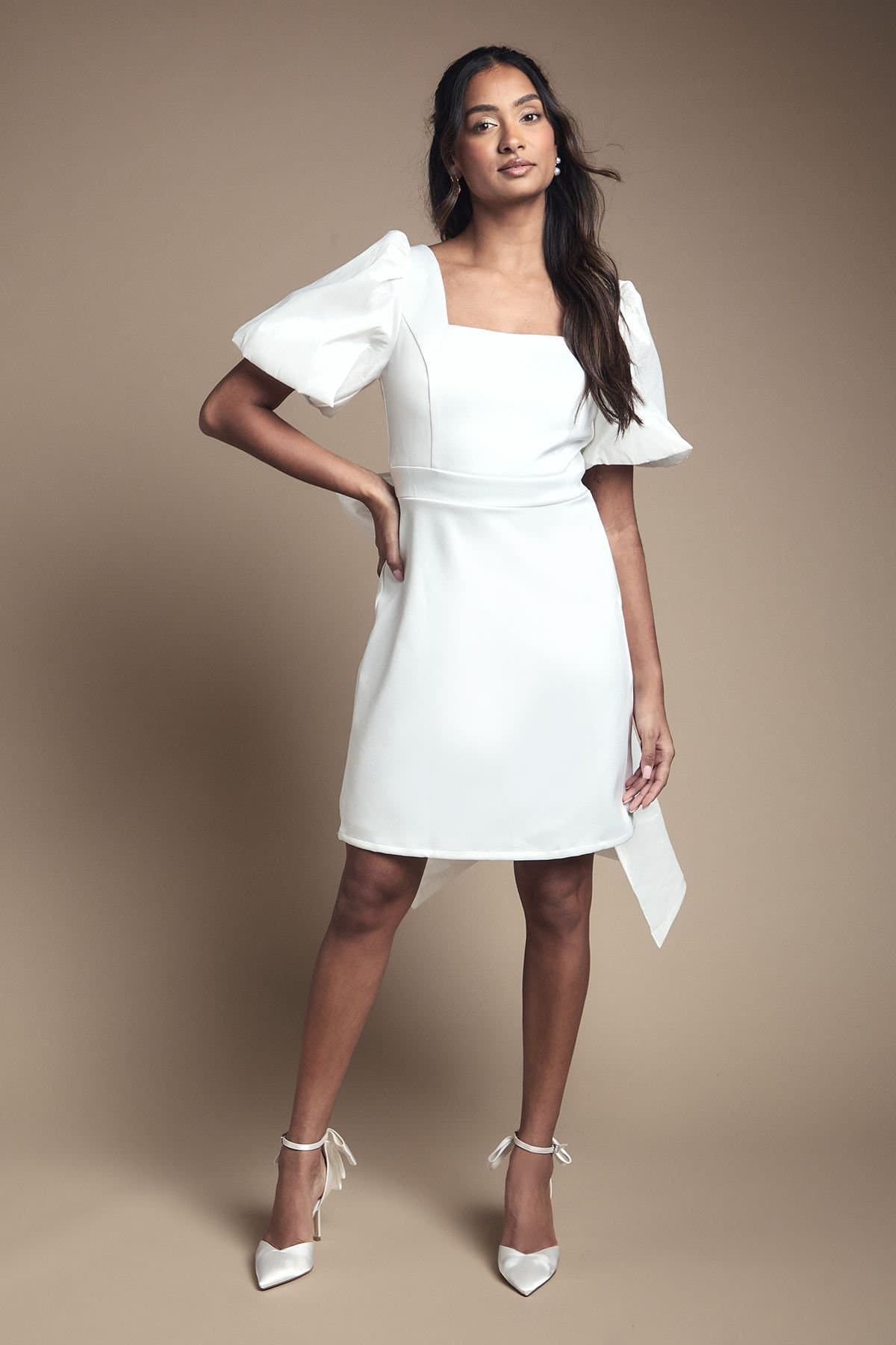 Coast Coast Women's Taffeta Bow Back Puff Sleeve Mini Dress in Ivory