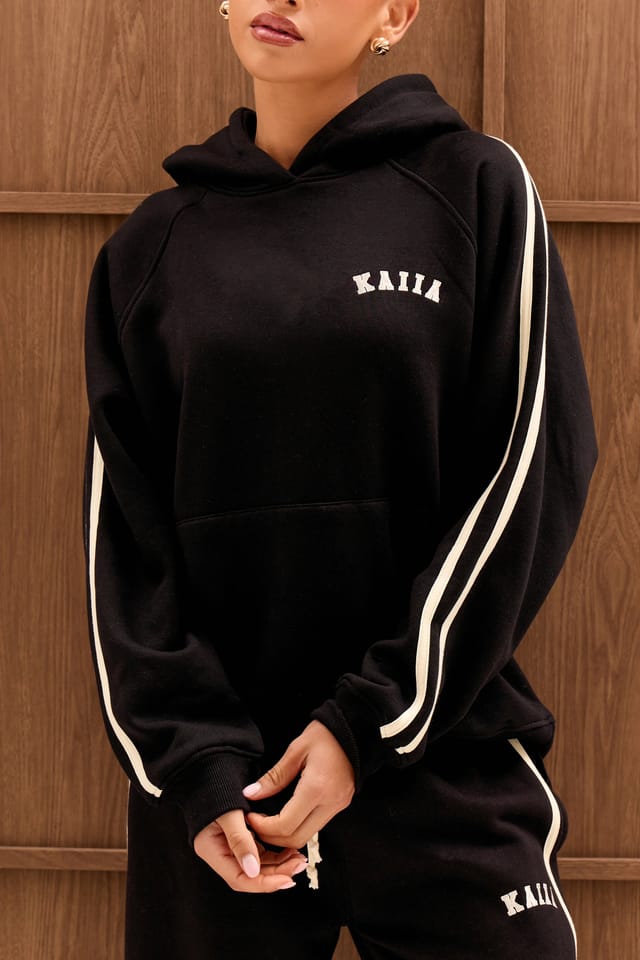Kaiia Kaiia Sport Side Stripe Oversized Hoodie Black & Cream - 2