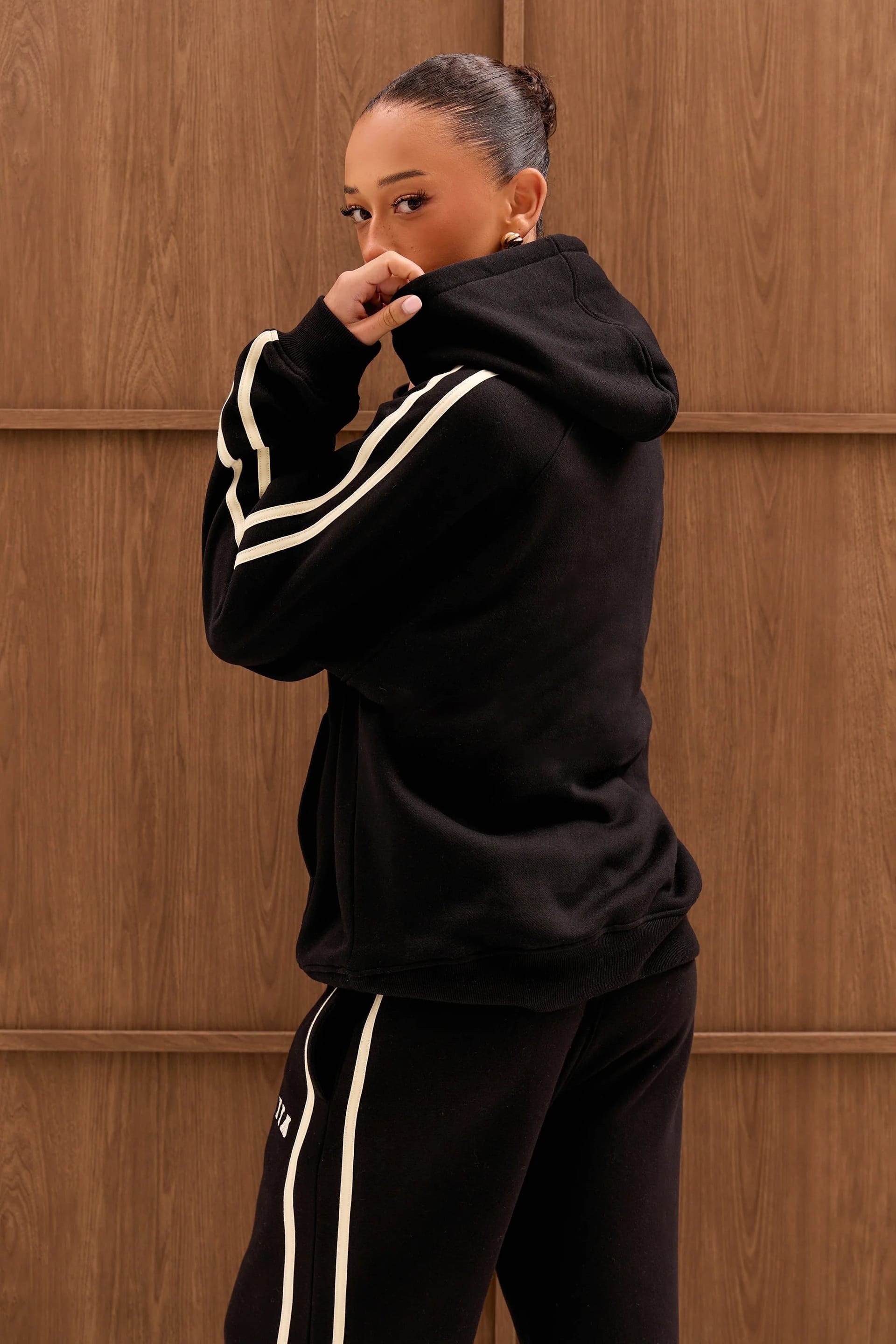 Kaiia Kaiia Sport Side Stripe Oversized Hoodie Black & Cream - 4