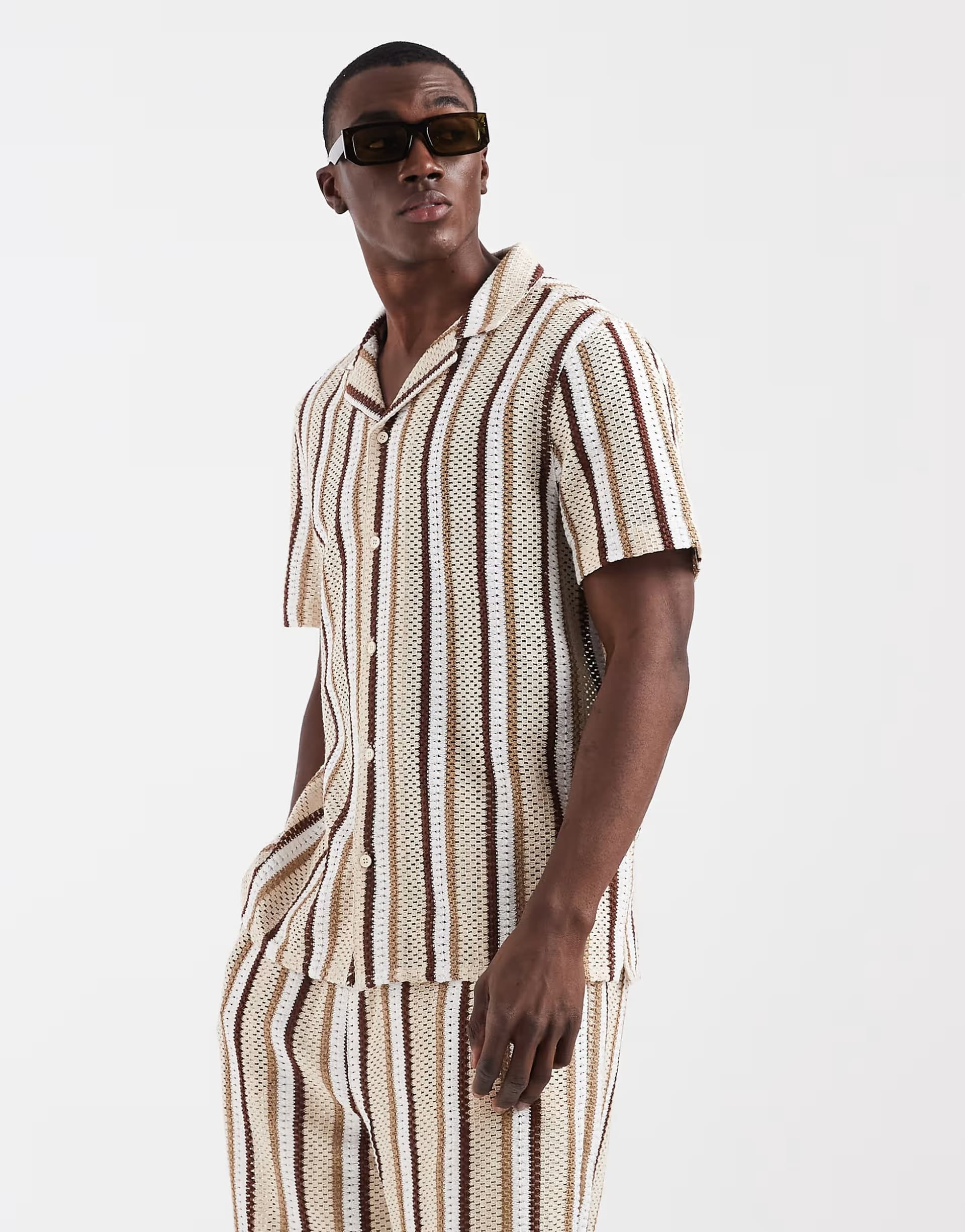 ASOS Aray crochet revere beach shirt in brown stripe