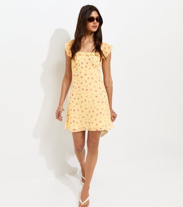 New Look Women's Yellow Ribbed Chiffon Floral Print Flutter Sleeve Mini Dress New Look - 2