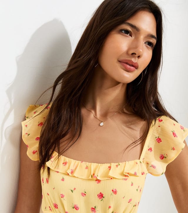 New Look Women's Yellow Ribbed Chiffon Floral Print Flutter Sleeve Mini Dress New Look - 3