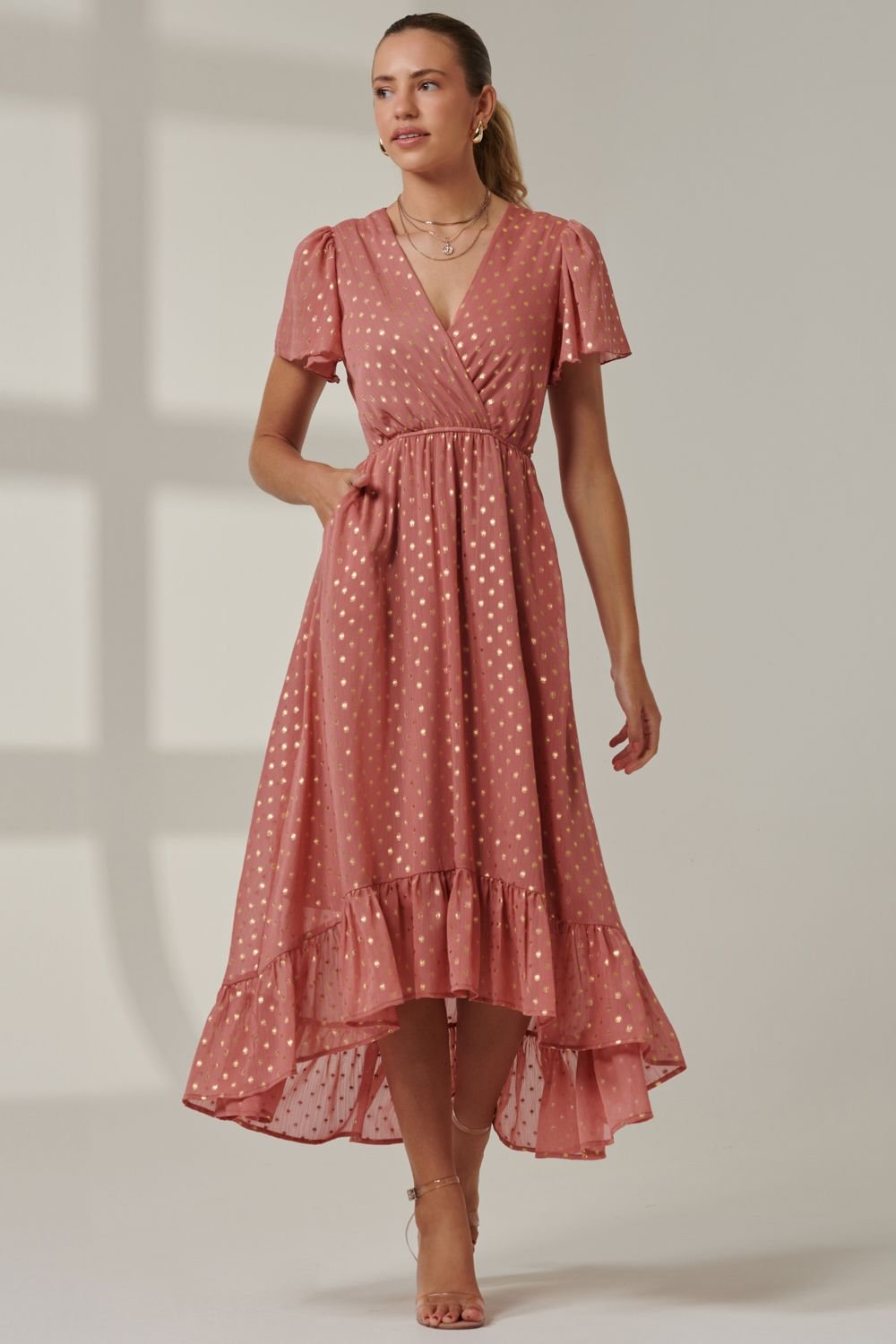 Jolie Moi Jolie Moi Women's Metallic Effect Angel Sleeve Maxi Dress in Coral - 2