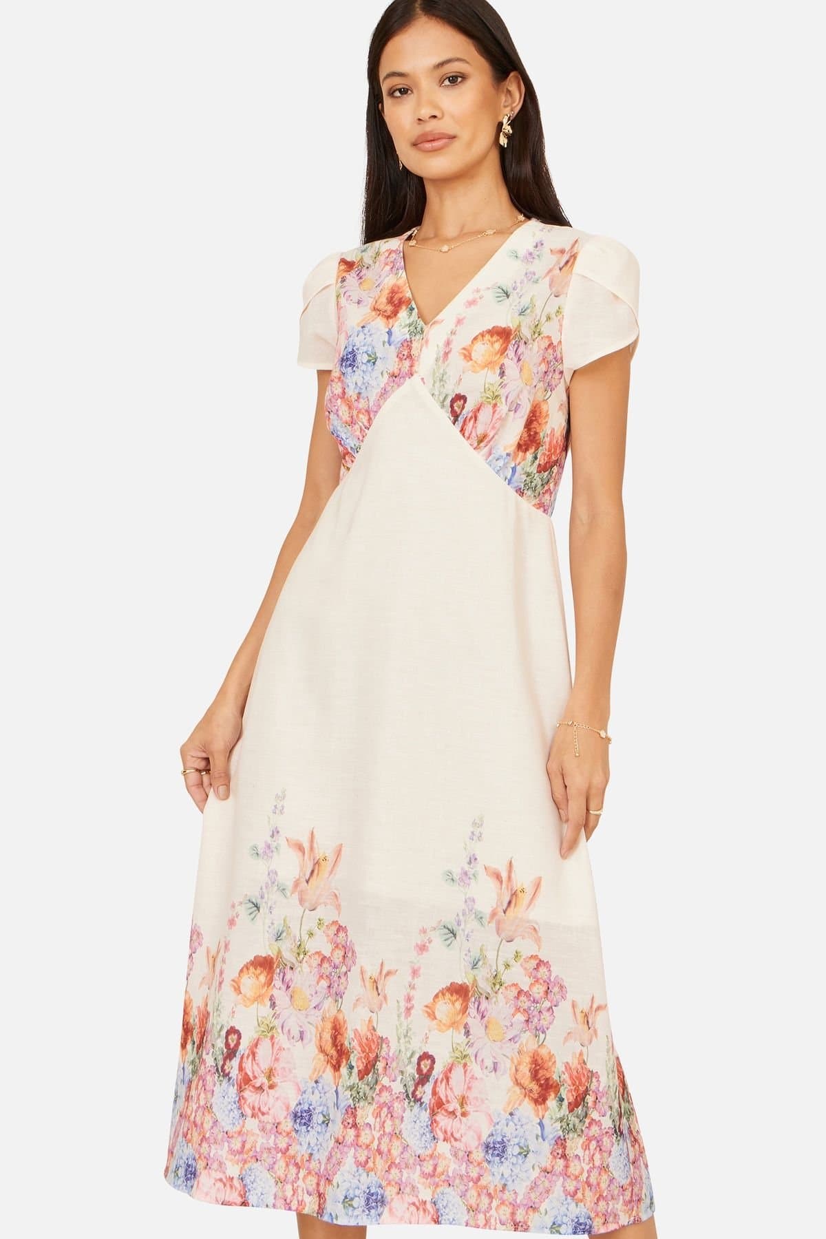 Yumi Yumi Women's Pink Border Floral Midi Dress in Cream