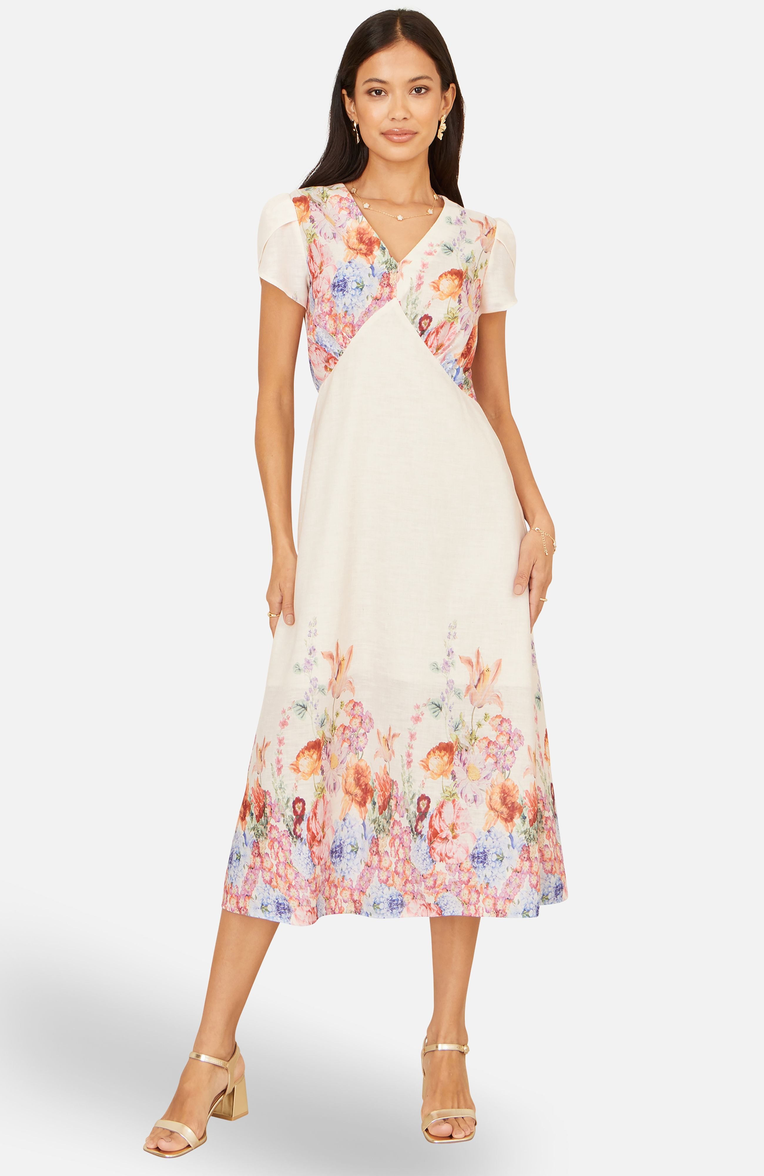 Yumi Yumi Women's Pink Border Floral Midi Dress in Cream - 2