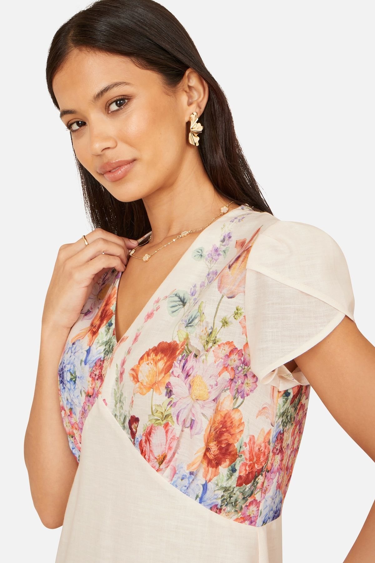 Yumi Yumi Women's Pink Border Floral Midi Dress in Cream - 4