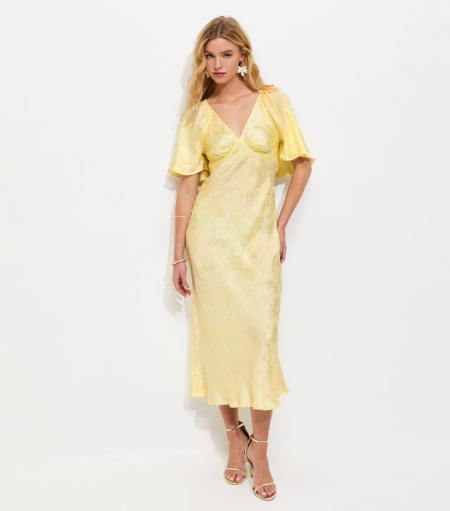 New Look Women's Light Yellow Palm Leaf Jacquard Flutter Sleeve Midi Dress New Look - 3