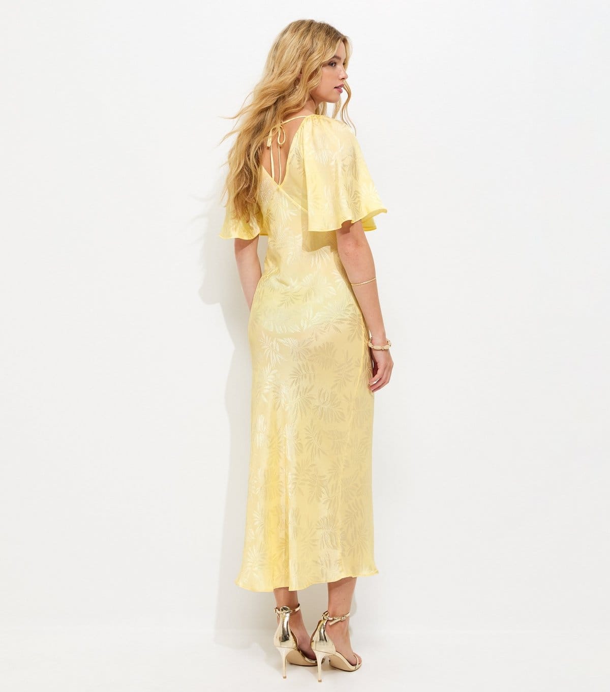 New Look Women's Light Yellow Palm Leaf Jacquard Flutter Sleeve Midi Dress New Look - 4