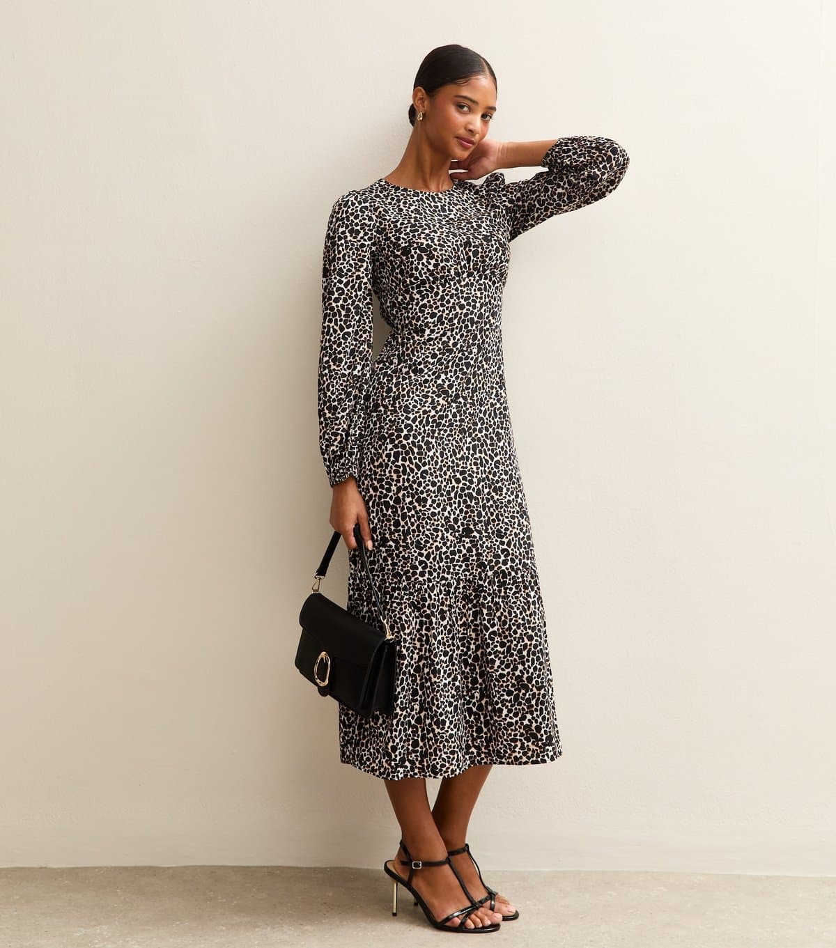 New Look Women's Brown Crepe Long Sleeve Animal Print Midi Dress New Look