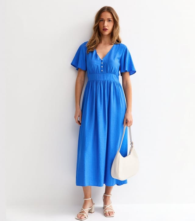 New Look Women's Bright Blue Frill Sleeve V Neck Midi Dress New Look - 3