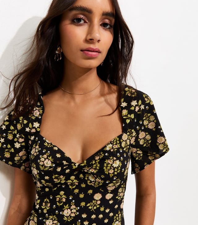 New Look Women's Black Floral Sweetheart Neck Midi Dress New Look - 2