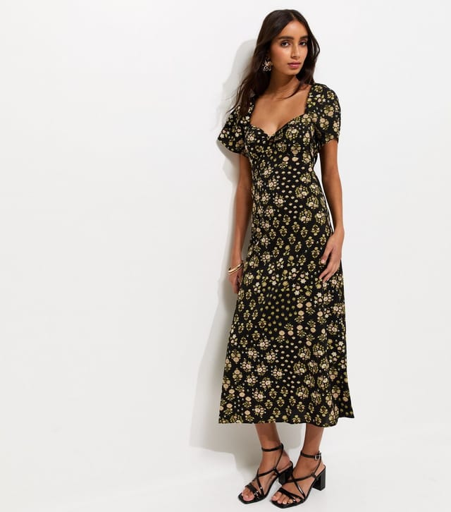 New Look Women's Black Floral Sweetheart Neck Midi Dress New Look - 3