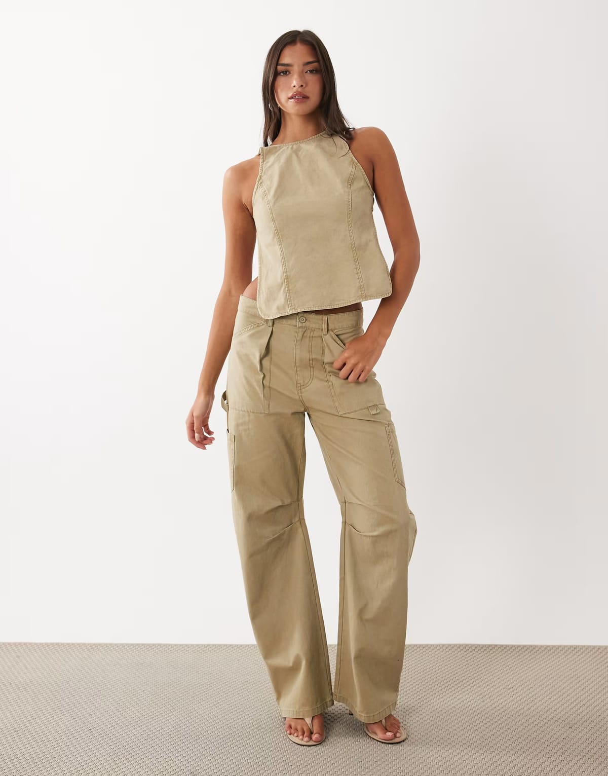 ASOS Lioness Miami Vice low rise pocket detail cargo wide leg jeans co-ord in tan - 1
