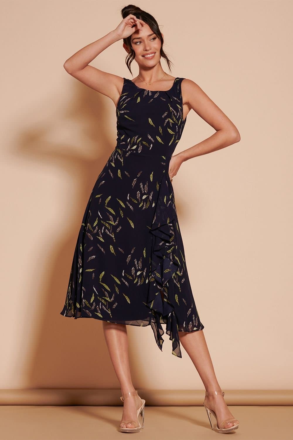 Jolie Moi Jolie Moi Women's Print Frill Hem Chiffon Midi Dress in Navy
