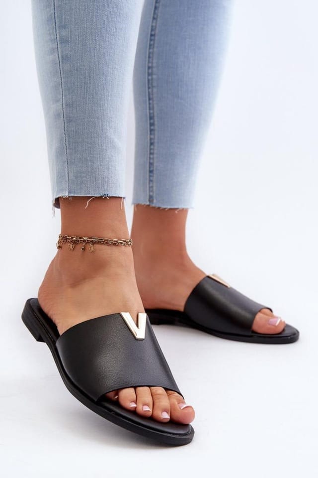 Love Lace Love Lace Women's Ecological Flip Flops with Gold Flat Heel Summer in Black - 3