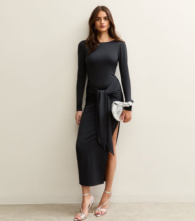 New Look Women's Black Belted Side Slit Bodycon Midi Dress New Look - 2