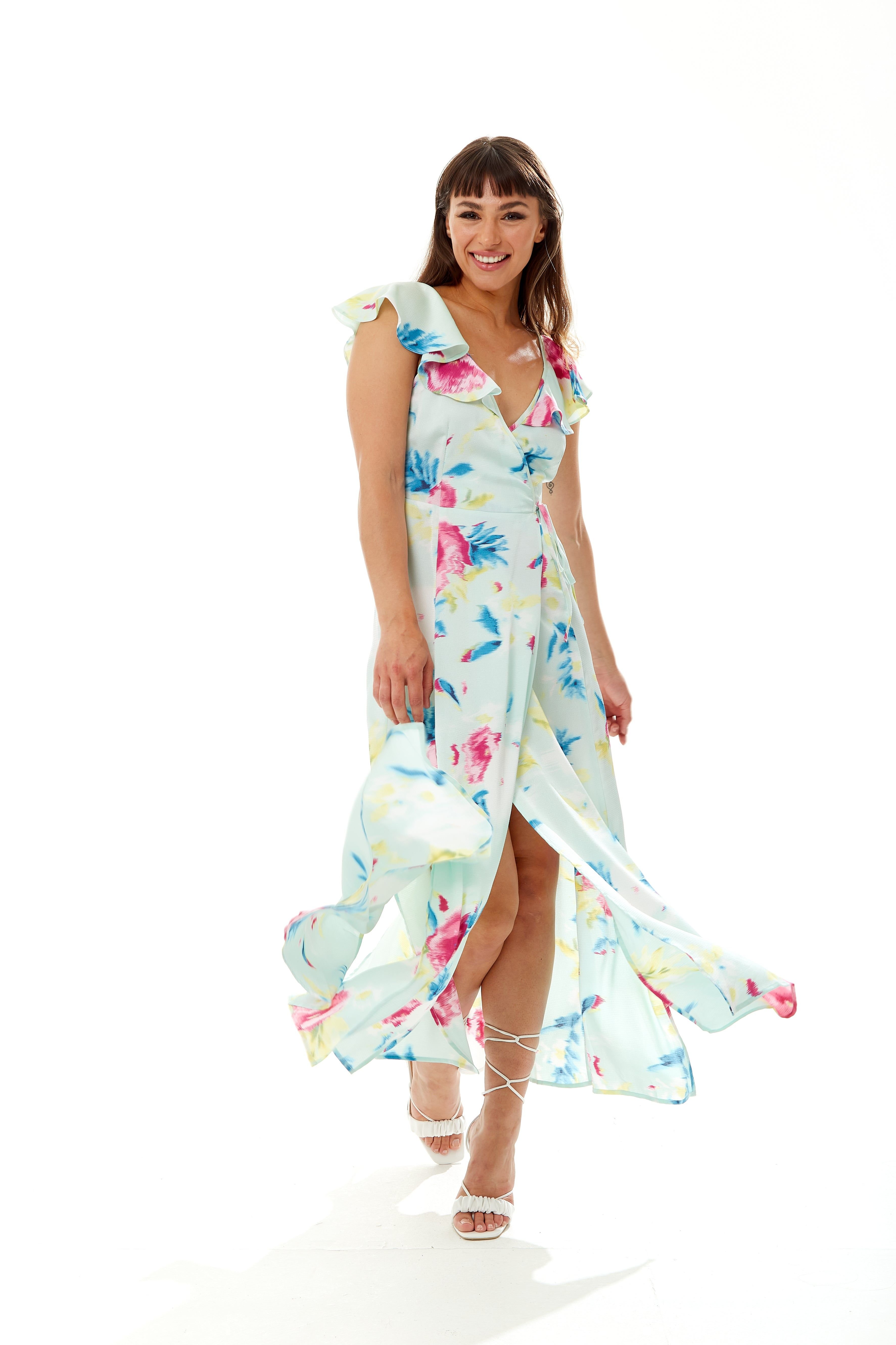 Liquorish Liquorish Women's Maxi Floral Print Wrap Dress in Mint Green - 2