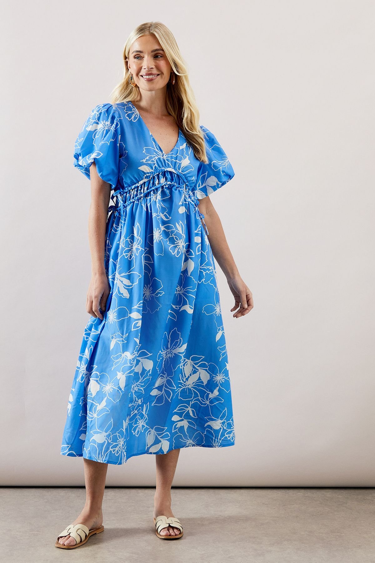 Wallis Wallis Women's Petite Floral Ruched Waist Midi Dress in Blue - 2